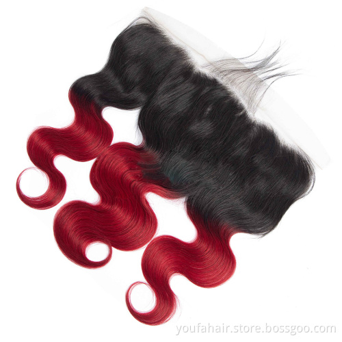 Brazilian Human Virgin Hair Body Wave 13x4 HD Lace Front Ombre 2 Tone Color 1b 99J/Red/Burg Swiss Lace Frontal with Baby Hair